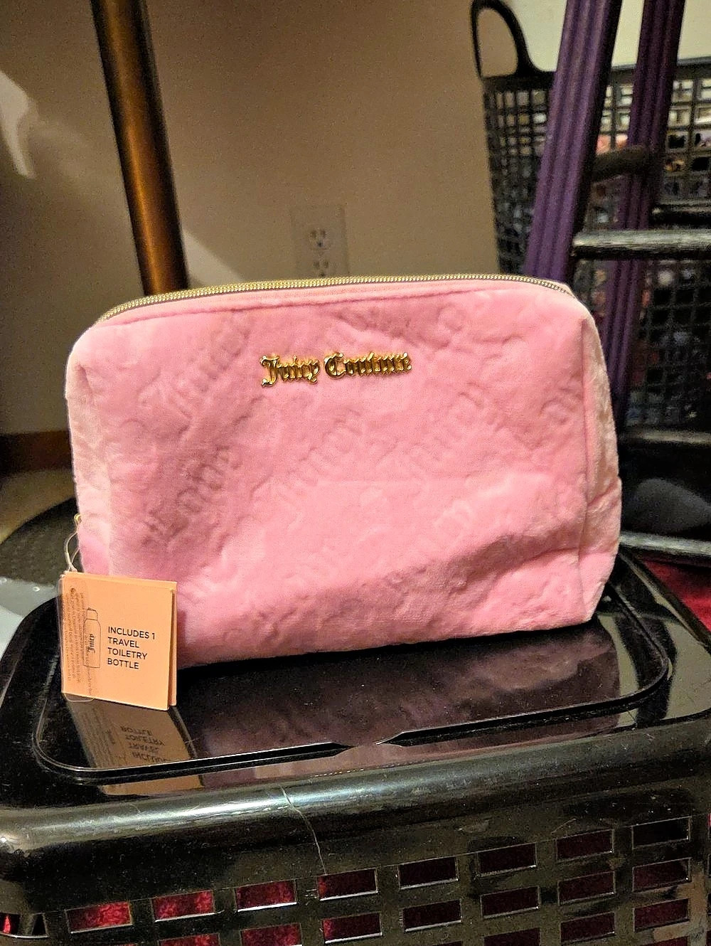 Juicy Couture Pink Terry Velour Travel Cosmetic Bag with Toiletry Bottle